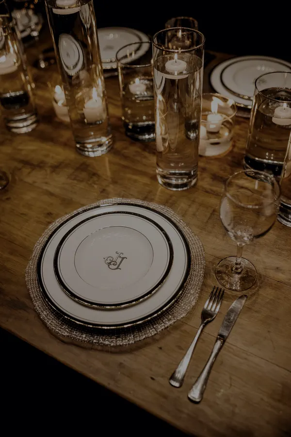A table laid for service in low light