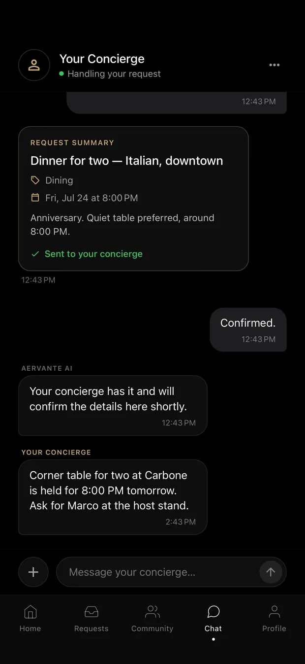 The Aervante concierge thread, showing a request summary card confirmed by the member