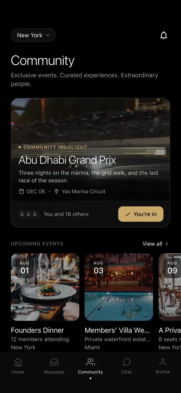The Community tab in the Aervante app, where members' events are listed
