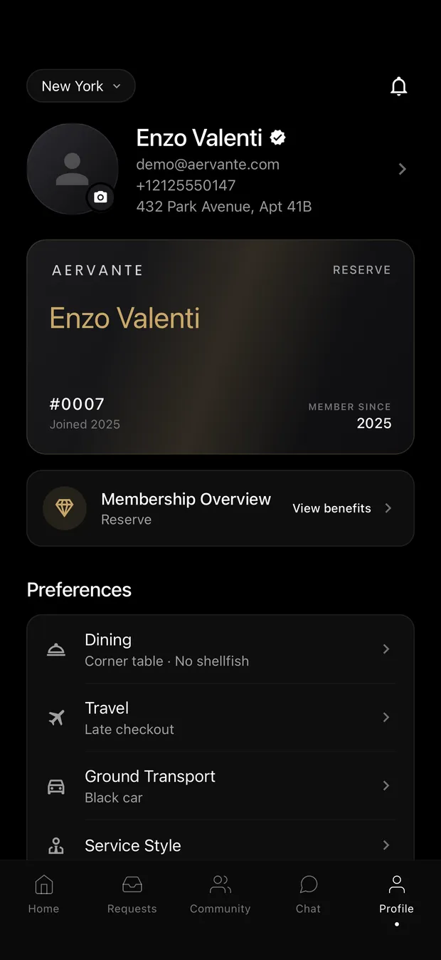The Aervante profile screen showing membership tier and saved preferences
